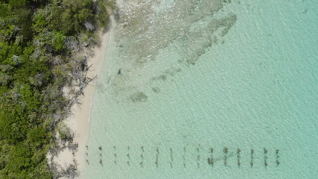 AERIAL - Boat on clear turquoise waters, Cayo Icacos, Puerto Rico, top down forward