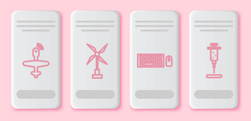 Set line UAV Drone, Wind turbine, Keyboard and mouse and Syringe. White rectangle button. Vector