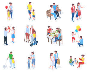 Fototapeta na wymiar Isometric family, parents play and walk with children. Families walk in park, reading books or having dinner vector illustration set. Parents spending time with kids