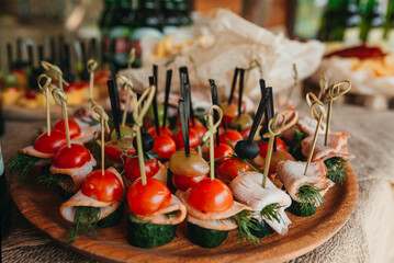 Food on the table. Dishes. Wedding table. Serving.