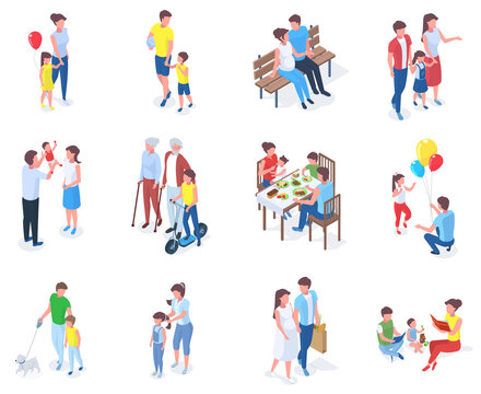 Isometric family, parents play and walk with children. Families walk in park, reading books or having dinner vector illustration set. Parents spending time with kids