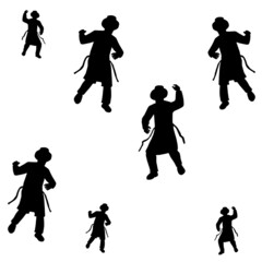 7 Jewish followers dancing.
Flat vector silhouettes. Black on a white background.
The figures are dressed in long coats and sashes fluttering to the sides as they move