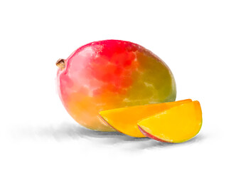 Watercolor mango fruit whole and slice closeup on white background. Hand painting on paper - 487073024