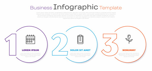 Set line Calendar, Clipboard with checklist and Flower rose. Business infographic template. Vector