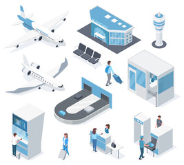 Fototapeta premium Isometric airport elements, plane, passengers, passport check and terminal. Airport building and baggage claim vector illustration set. Airport equipment