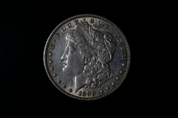 US Morgan Liberty Dollar 1890 Isolated Black Background Shining