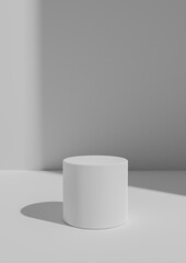 Simple, Minimal 3D Render White, Light Gray Background for Product Display with One Stand or Cylinder Podium. Bright Light From a Window From the Right Side with Copy Space