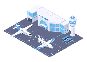 Isometric airport building and runway, plane taking off. International airport terminal isolated vector illustration. City airport runway strip