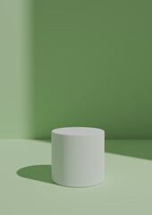 Simple, Minimal 3D Render Light, Warm Green Background for Product Display with One Stand or Cylinder Podium. Bright Light From a Window From the Right Side with Copy Space