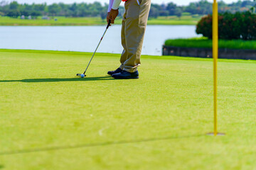 Golfer preparing for a putt Golf ball on the green during golfcourse