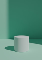 Simple, Minimal 3D Render Light, Pastel Turquoise Background for Product Display with One Stand or Cylinder Podium. Bright Light From a Window From the Right Side with Copy Space