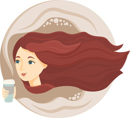 A girl with flowing hair holds coffee in her hands. A woman drinks coffee from a cup. Vector illustration. 