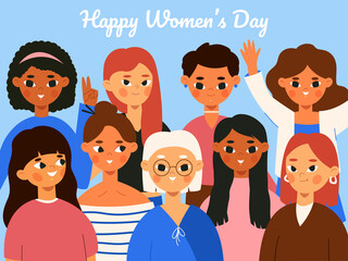 International womens day, female diverse group concept. Cute girls crowd vector background illustration. Happy international womens day card