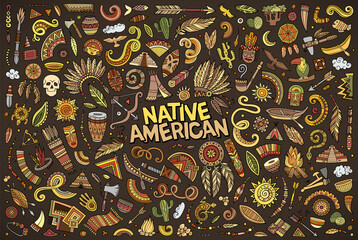 Colorful vector hand drawn doodle cartoon set of Native American objects