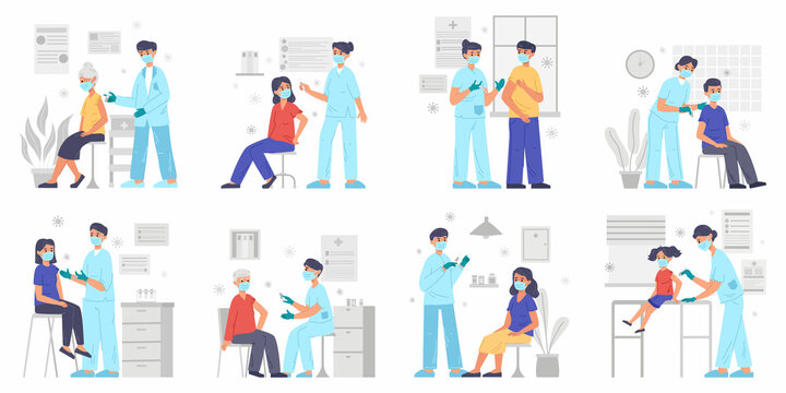 Vaccine, immunisation medical scenes, people get vaccinated. Senior, adults and kids at doctors examination vector illustration set. Doctor with syringe vaccinates people