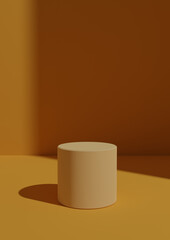 Simple, Minimal 3D Render Orange Background for Product Display with One Stand or Cylinder Podium. Bright Light From a Window From the Right Side with Copy Space