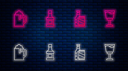 Set line Whiskey bottle, Beer and beer can, Wooden mug and Wine glass. Glowing neon icon on brick wall. Vector