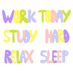 Collection cute lettering for diary, bullet journal, daily planner, stories, post, tamplate. Study, work, university motivation, planning. Pastel color, aesthetics 80s, 90s.