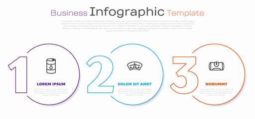 Set line Barrel oil, Motor gas gauge and Gas tank for vehicle. Business infographic template. Vector