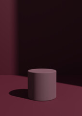 Simple, Minimal 3D Render Maroon Background for Product Display with One Stand or Cylinder Podium. Bright Light From a Window From the Right Side with Copy Space