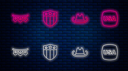 Set line Shield with stars, Western cowboy hat, Carnival garland flags and USA Independence day. Glowing neon icon on brick wall. Vector