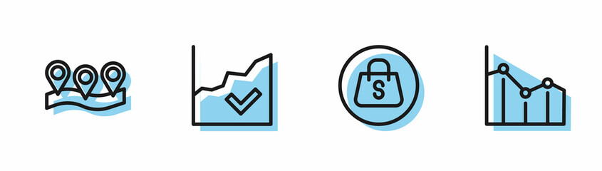 Set line Shopping bag with Sale, Location, Financial growth increase and Pie chart infographic icon. Vector