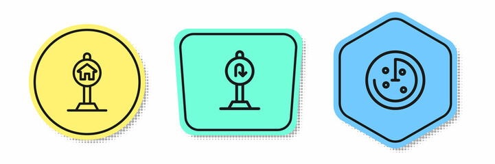 Set line Hotel sign for traffic, Turn back road and Radar with targets on monitor. Colored shapes. Vector