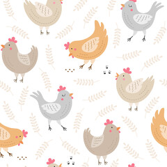 Chicken and leaves seamless pattern. Cute cartoon hens wallpaper. Farm animals theme. Flat design. Vector illustration on white background. 