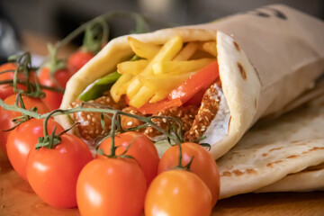 Greek Gyros street food for take away, nicely wrapped with tomato, souvlaki, Greek salad, onion and French fries  