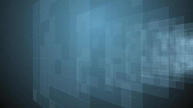 Transparent, 3D, isometric, virtual, square plate with moving pattern in blue