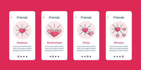 Friends onboarding mobile app screens. Kidness, brotherhood, virtue, altruism. Relationships steps menu. Set of UI, UX, web template with RGB color linear icons