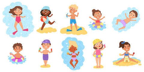 Children at beach, water games, swimming, summer beach vacation. Kids swimming and playing vector illustration set. Boys and girls chilling at beach
