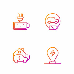 Set line Charging parking electric car, at home, Battery charge and Electric. Gradient color icons. Vector