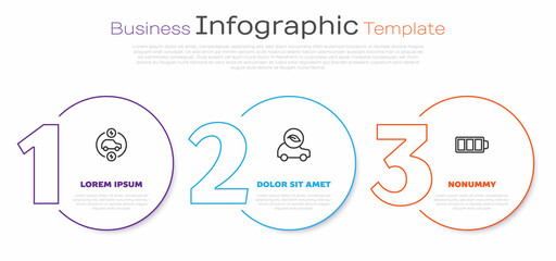 Set line Electric car, Eco and Battery charge. Business infographic template. Vector