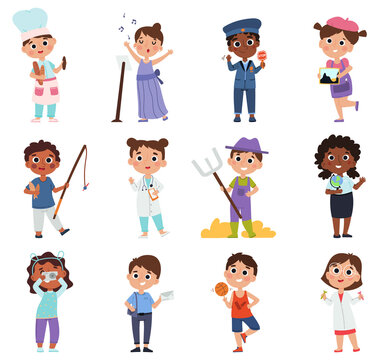 Kids professions, young painter, doctor and cook characters. Children in costumes of different professions vector illustration set. Cartoon kids choosing occupations