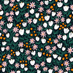 Fototapeta na wymiar Hand drawn wild grass flowers, pattern illustration
