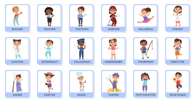 Children professional characters, young teacher, doctor and astronaut cards. Training cards for kids professions vector illustration set. Baby doctor, builder and farmer