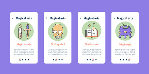 Fototapeta premium Magical arts onboarding mobile app screens. Skull symbol, spells book, witchcraft. Rituals steps menu. Set of UI, UX, web template with RGB color linear icons