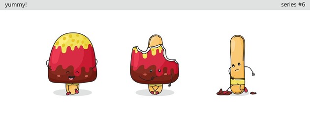 Ice cream. Set of cute kawaii characters. Funny cartoon fast food icons in different situations. Vector comic style graphics