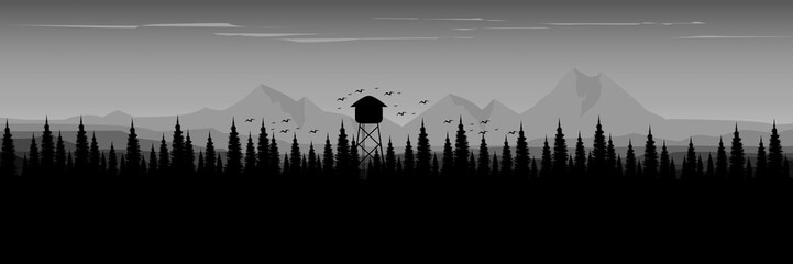 monochrome mountain landscape forest silhouette vector illustration good for wallpaper, background, backdrop, banner, header, tourism design, mountain travel design and design template