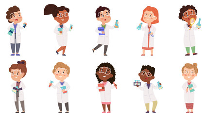 Kids scientists, boys and girls experiment in chemistry lab. Multiracial kids scientists doing scientific experiment vector illustration set. Baby scientist characters - obrazy, fototapety, plakaty