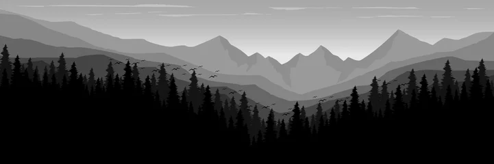 Foto op Aluminium monochrome mountain landscape forest silhouette vector illustration good for wallpaper, background, backdrop, banner, header, tourism design, mountain travel design and design template © FahrizalNurMuhammad