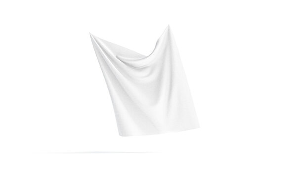 Blank white folded fabric hanging on corners mockup, no gravity
