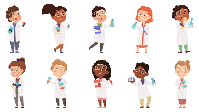 Kids scientists, boys and girls experiment in chemistry lab. Multiracial kids scientists doing scientific experiment vector illustration set. Baby scientist characters