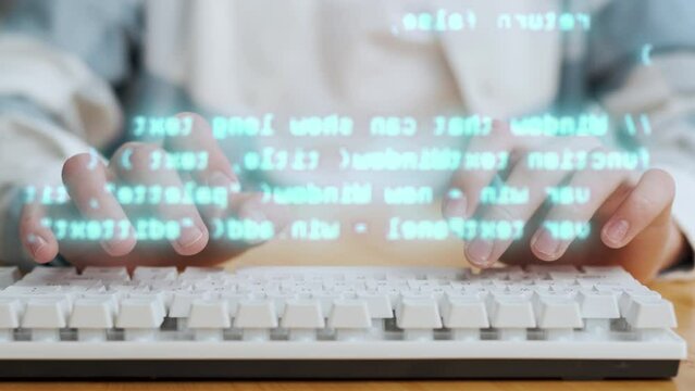 Close-up Professional Programmer Working with Hands Write Code Hologram Display Monitor. Unrecognizable Person Job on Innovation Tech Computing Equipment. Pc Programer Coder of Gui Augmented Reality