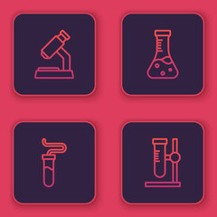 Set line Microscope, Test tube, and flask on stand. Blue square button. Vector
