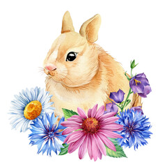 Watercolor bunny with wild flowers. Animal illustration on isolated white background