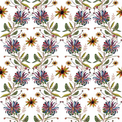 Fototapeta na wymiar Watercolor flower in vintage retro style with added texture of gold and sequins. Seamless pattern.