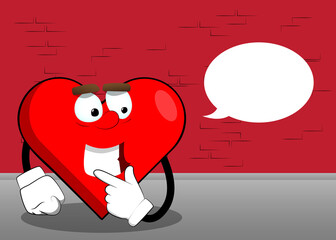 Heart Shape with holding finger front of his mouth as a cartoon character, funny red love holiday illustration.