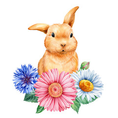 Bunny with wild flowers. Animal watercolor on isolated white background. Easter illustration